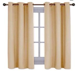 2 beige/taupe room darkening drapes 42”x63”